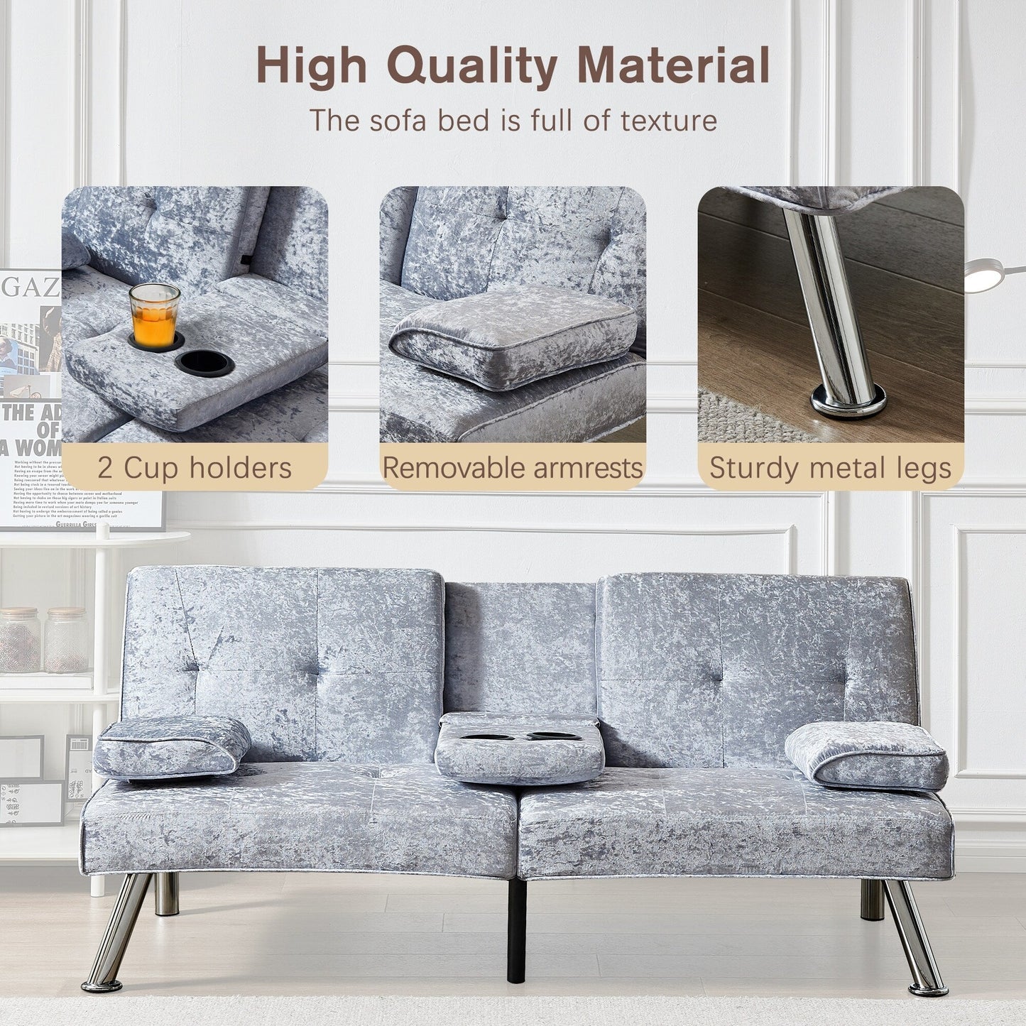 Canapé-lit futon en velours avec porte-gobelets