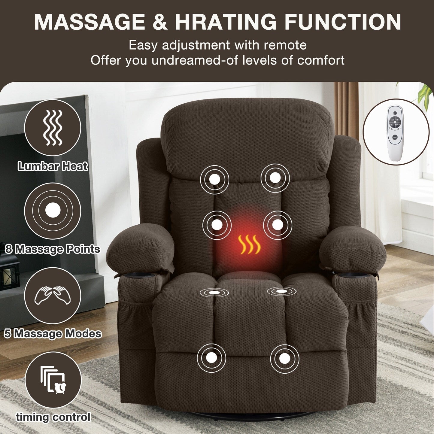 Canapé chauffant de massage en velours avec port USB et 2 porte-gobelets, fauteuil pivotant à 360° avec poches latérales et accoudoir en forme de pain