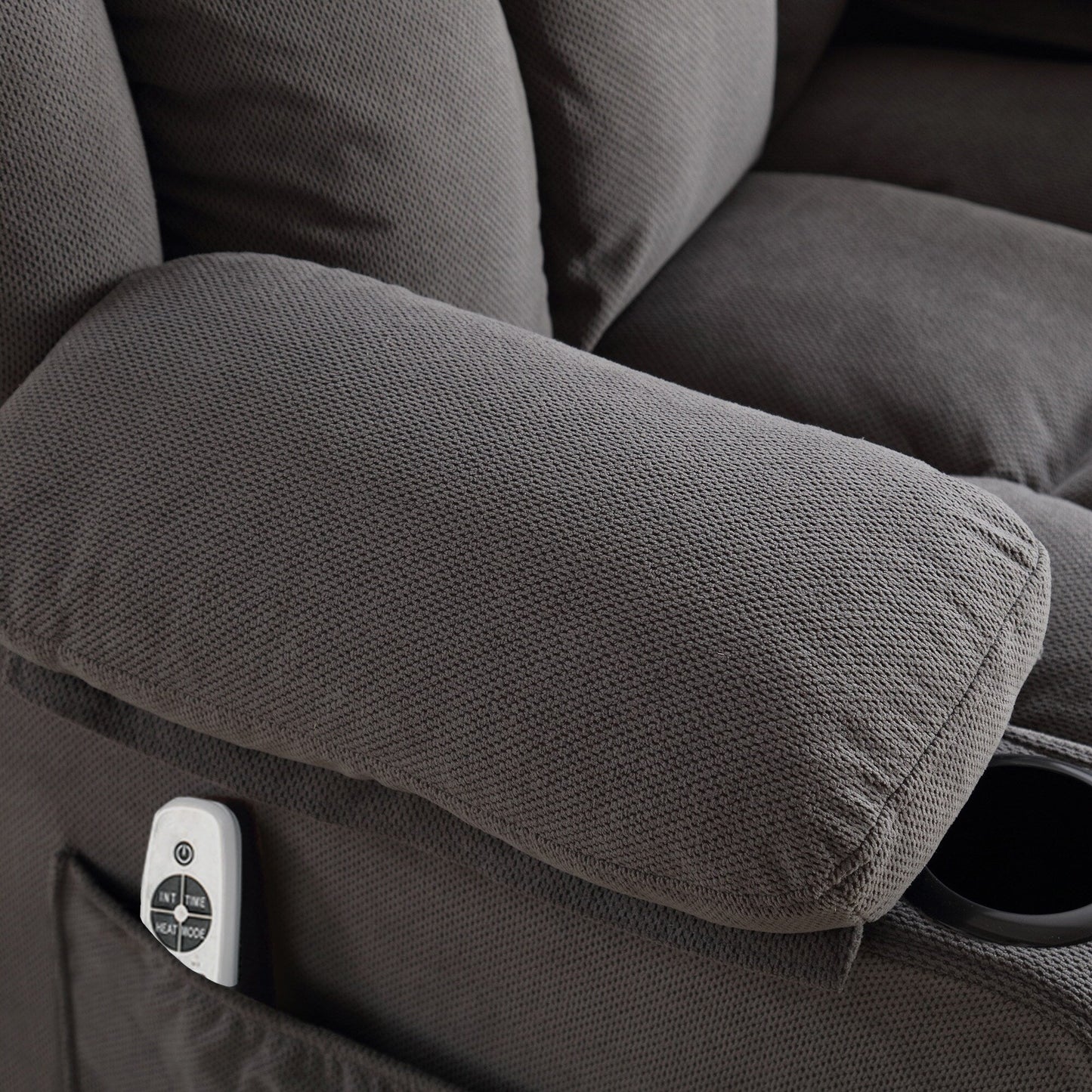 Canapé chauffant de massage en velours avec port USB et 2 porte-gobelets, fauteuil pivotant à 360° avec poches latérales et accoudoir en forme de pain