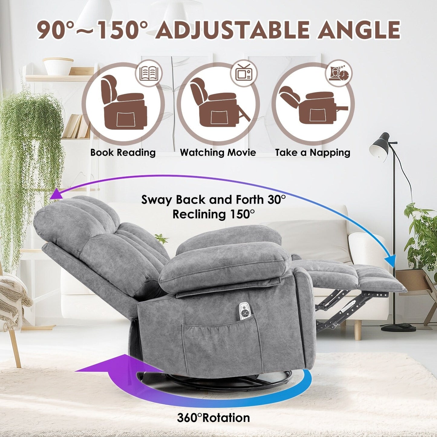 Fauteuil inclinable massant en velours avec chauffage, base pivotante à 360°, dossier et repose-pieds réglables, port USB