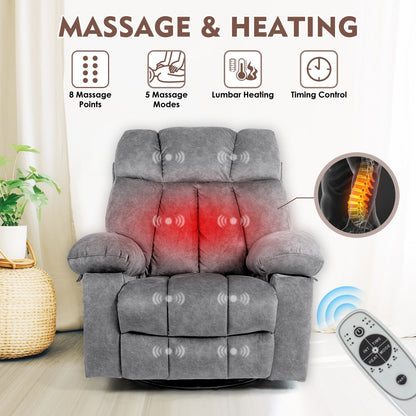 Fauteuil inclinable de massage en velours avec chauffage, bascule pivotante à 360° et port USB