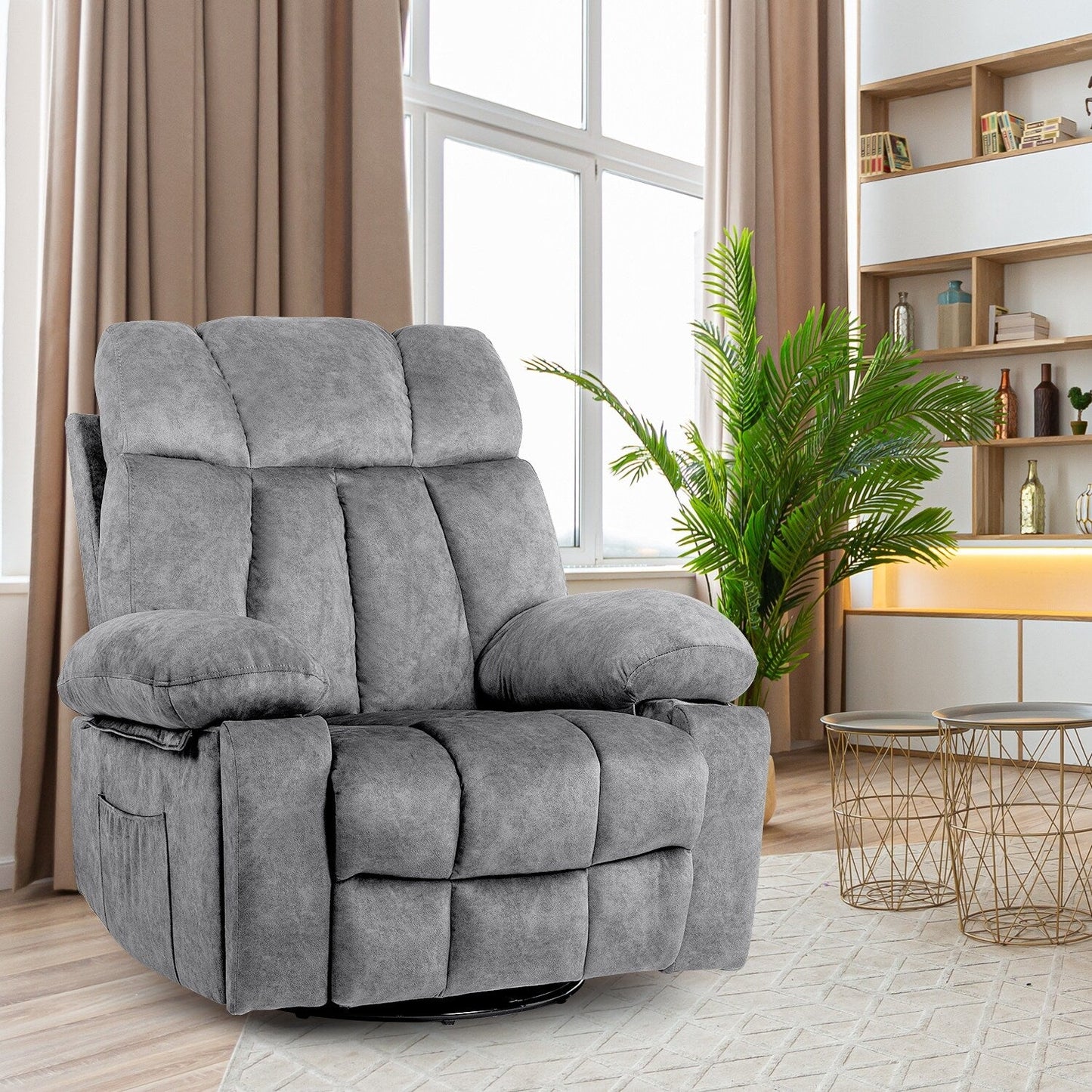 Fauteuil inclinable de massage en velours avec chauffage, bascule pivotante à 360° et port USB