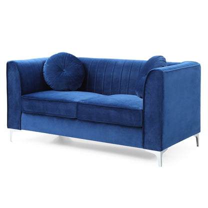 Causeuse capitonnée en velours microsuède avec coussins décoratifs - 65 - Bleu