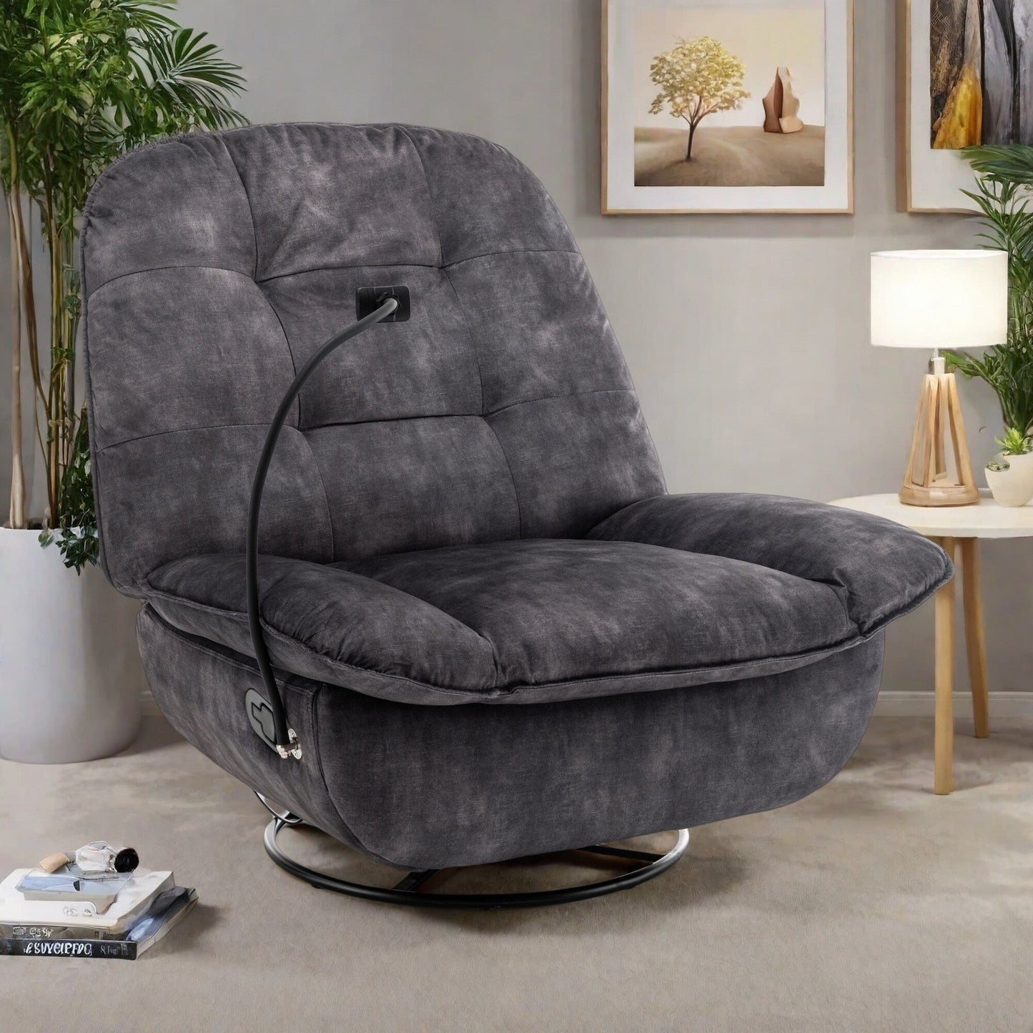 Fauteuil inclinable surdimensionné en velours avec bascule, pivotant, support de téléphone amovible et rembourrage en coton doux