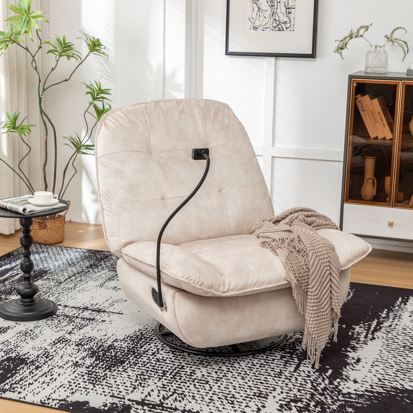Fauteuil inclinable surdimensionné en velours avec pivot, bascule et support pour téléphone