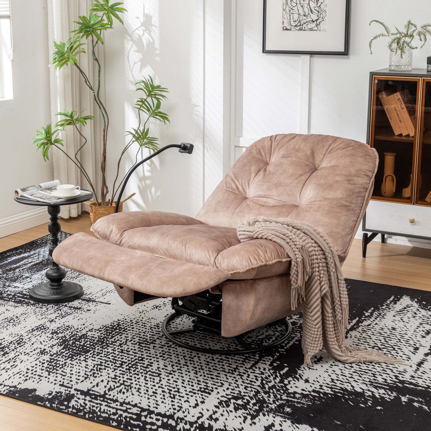 Fauteuil inclinable surdimensionné en velours avec pivot, bascule et support pour téléphone