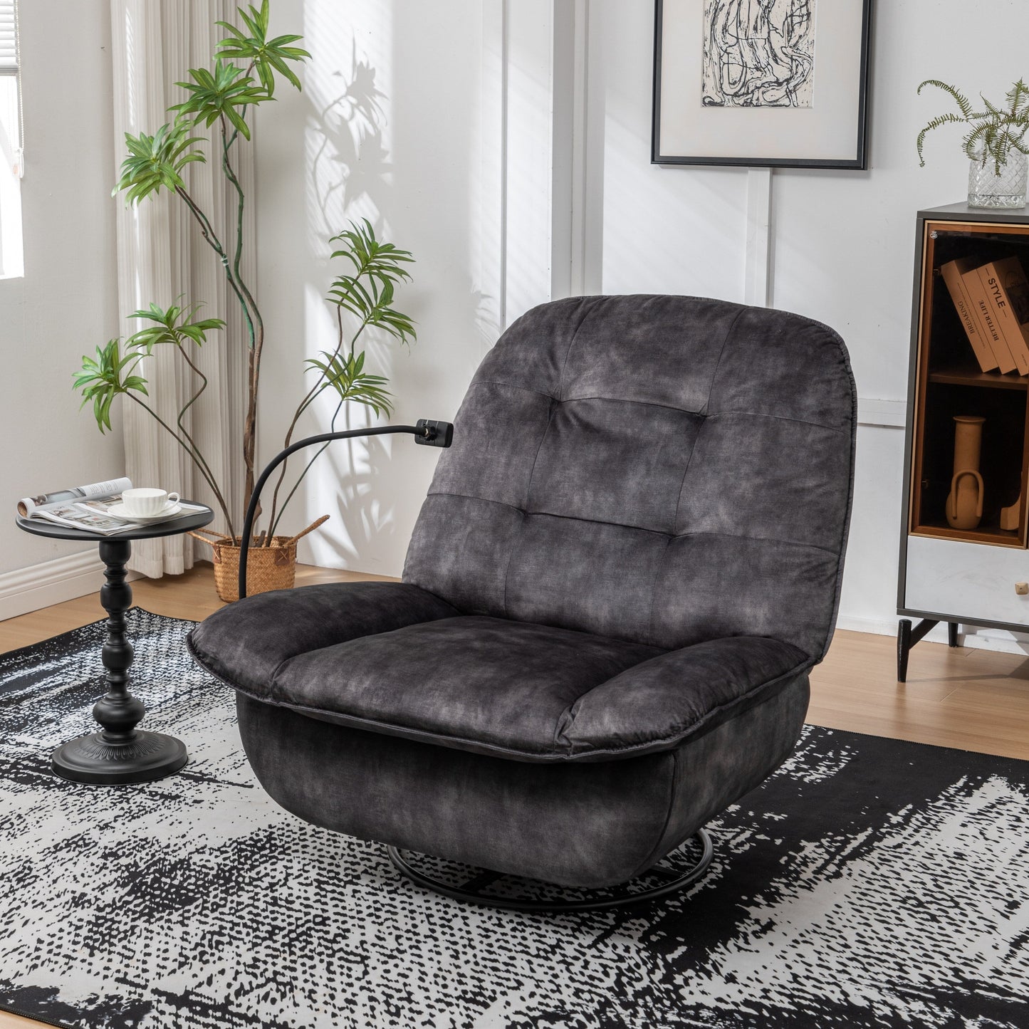 Fauteuil inclinable surdimensionné en velours avec pivot, bascule et support pour téléphone