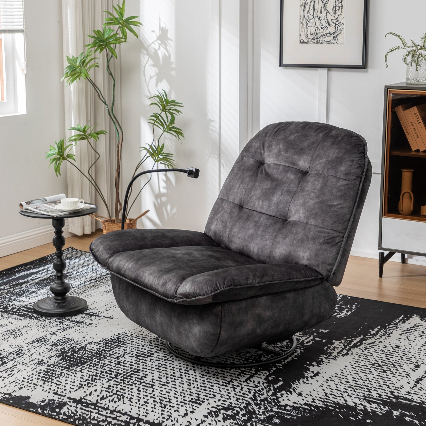 Fauteuil inclinable surdimensionné en velours avec pivot, bascule et support pour téléphone