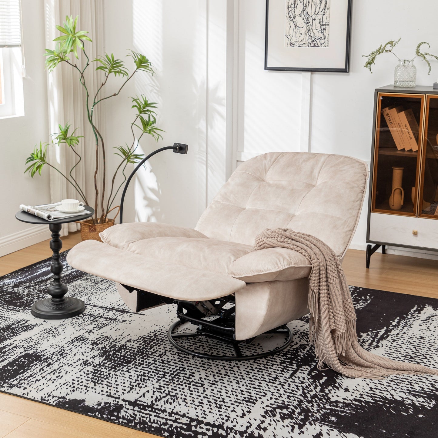 Fauteuil inclinable surdimensionné en velours avec pivot, bascule et support pour téléphone