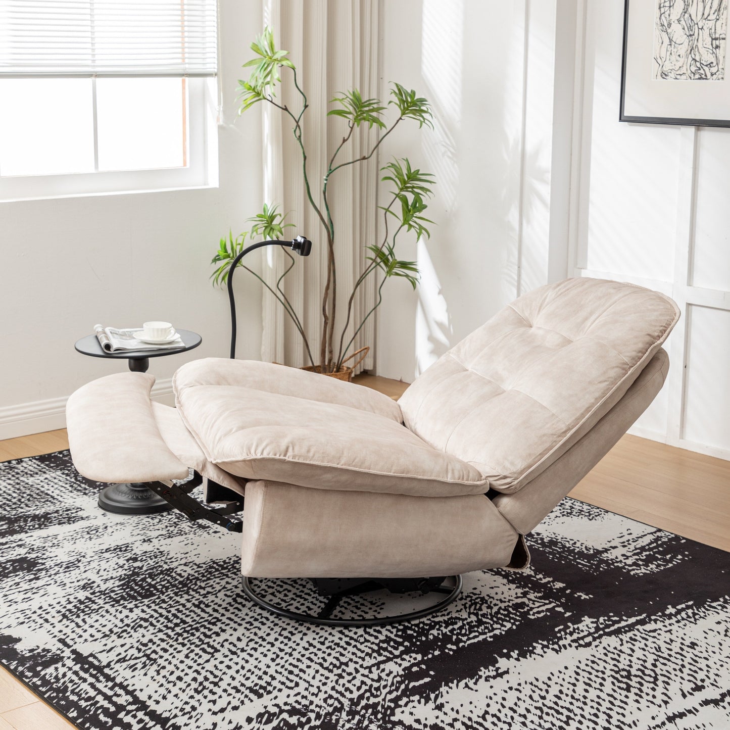 Fauteuil inclinable surdimensionné en velours avec pivot, bascule et support pour téléphone