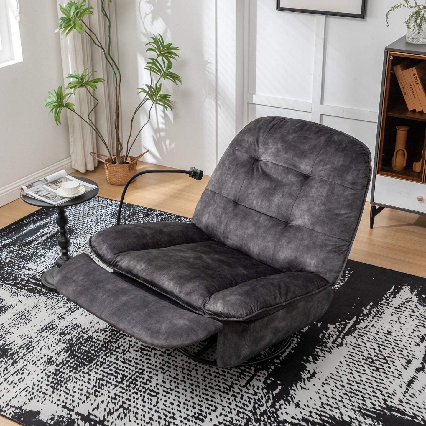 Fauteuil inclinable surdimensionné en velours avec pivot, bascule et support pour téléphone