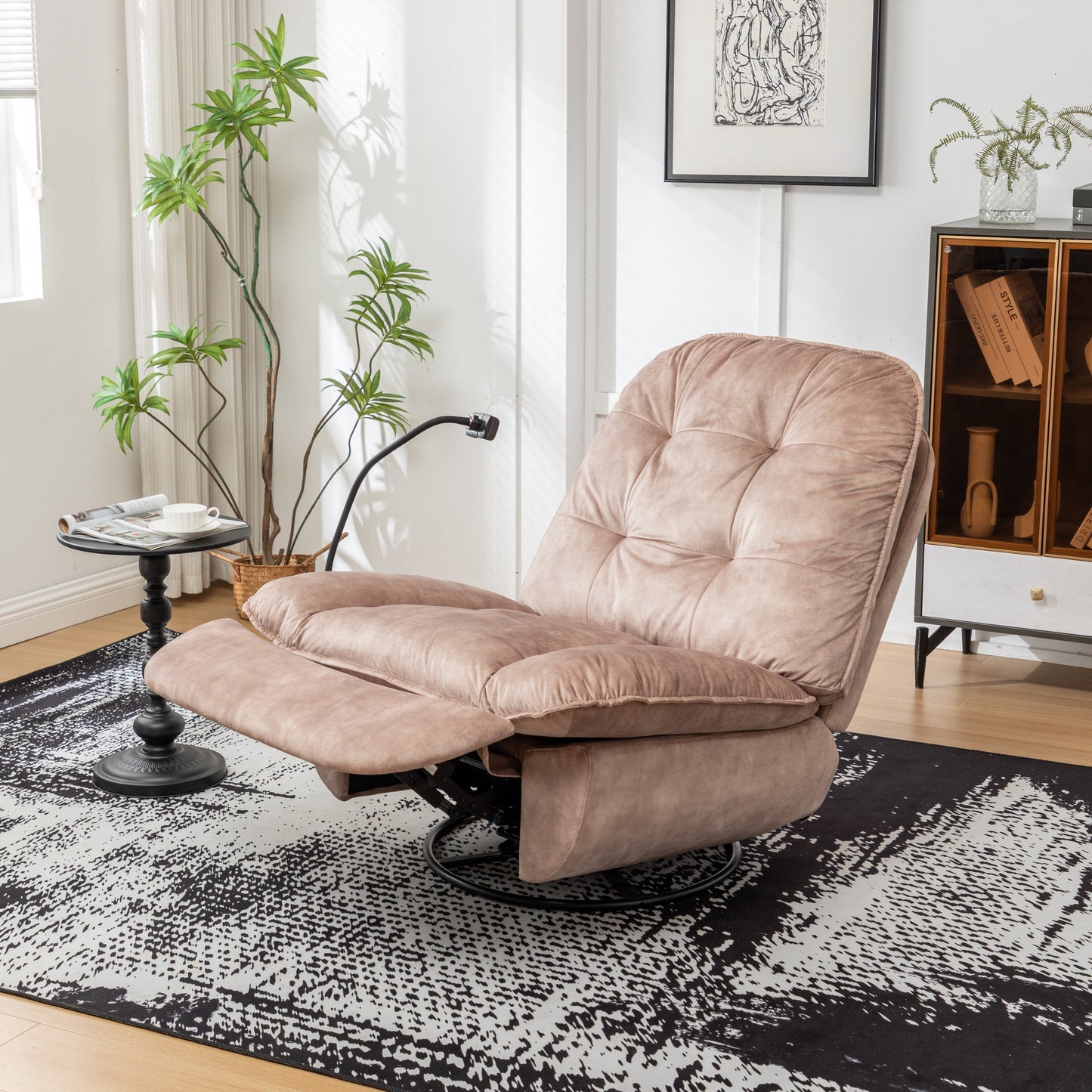 Fauteuil inclinable surdimensionné en velours avec pivot, bascule et support pour téléphone