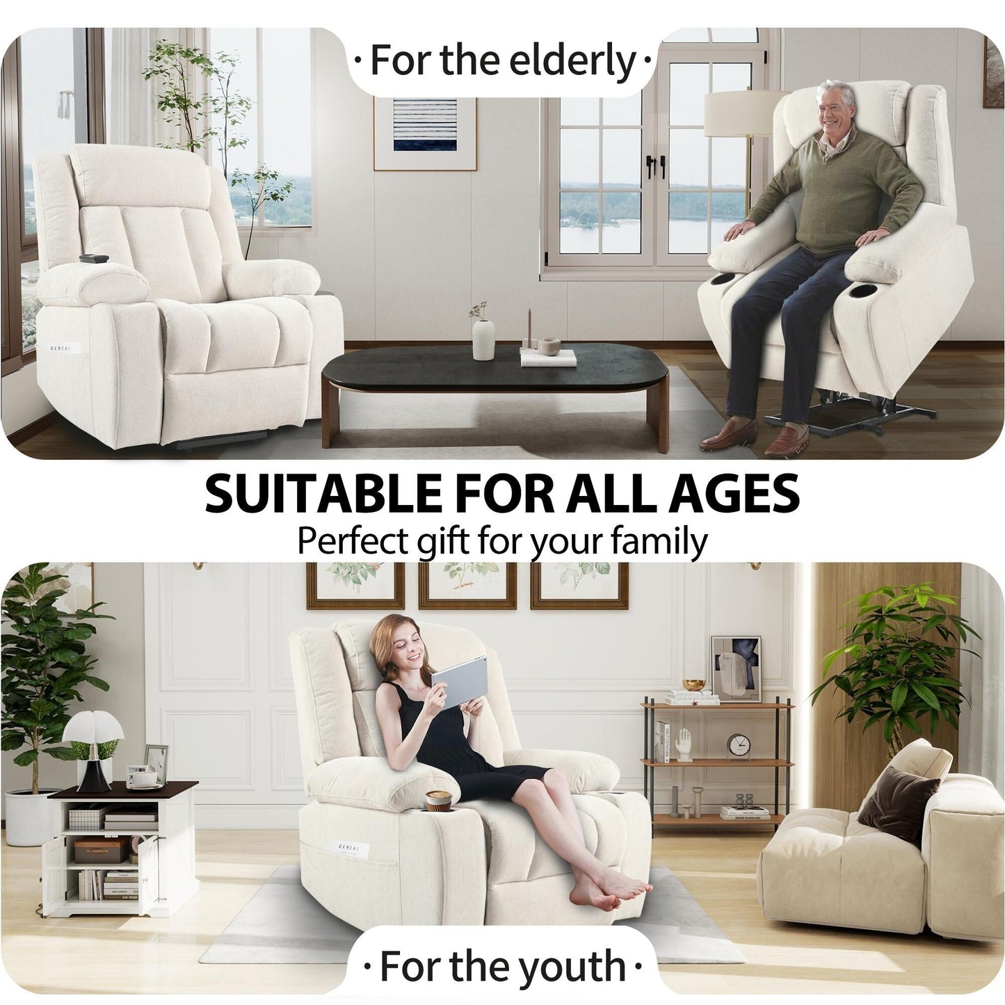 Fauteuil inclinable électrique en velours avec repose-pieds et poche