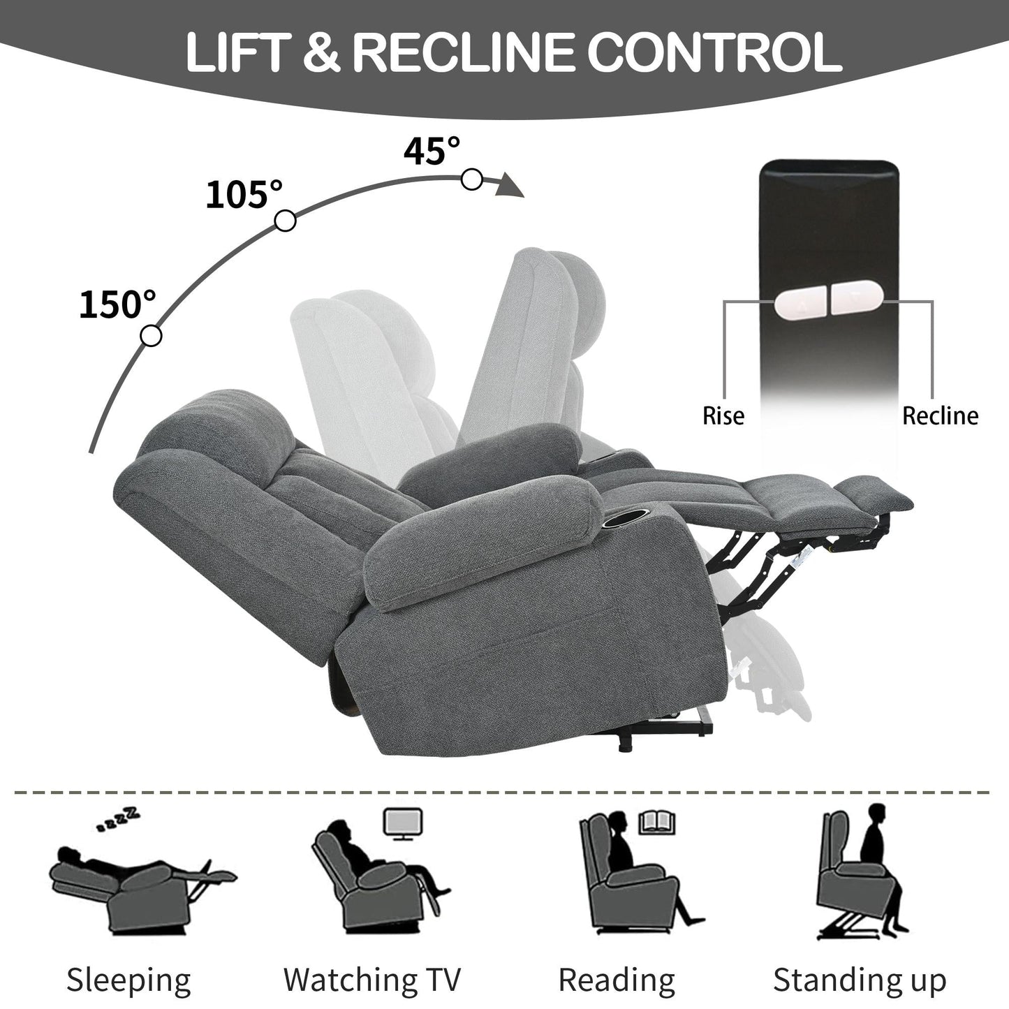 Fauteuil inclinable électrique en velours avec repose-pieds et poche