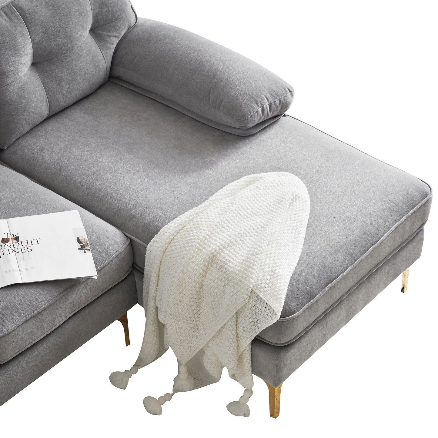 Canapés sectionnels en velours avec accoudoirs coussinés et dossier rembourré, canapés modernes en forme de L avec pieds en métal