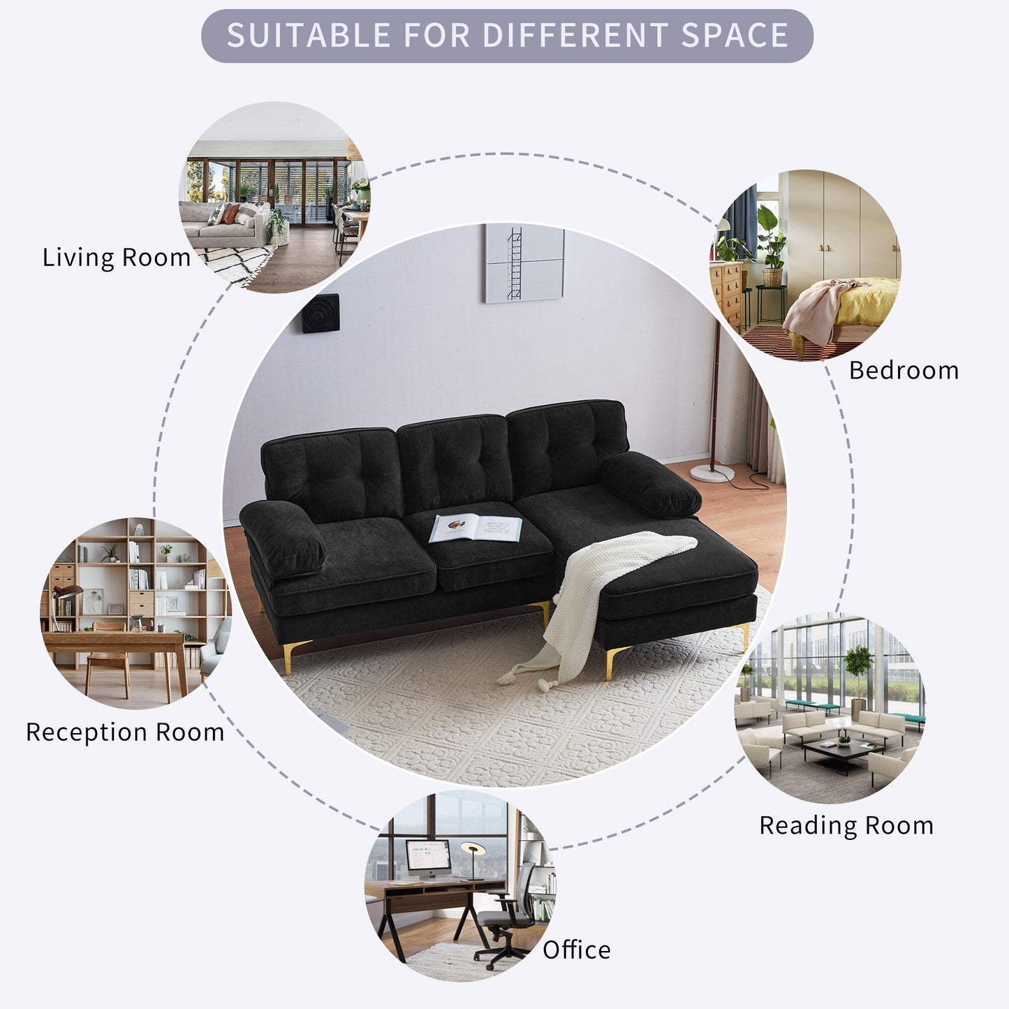 Canapés sectionnels en velours avec accoudoirs coussinés et dossier rembourré, canapés modernes en forme de L avec pieds en métal