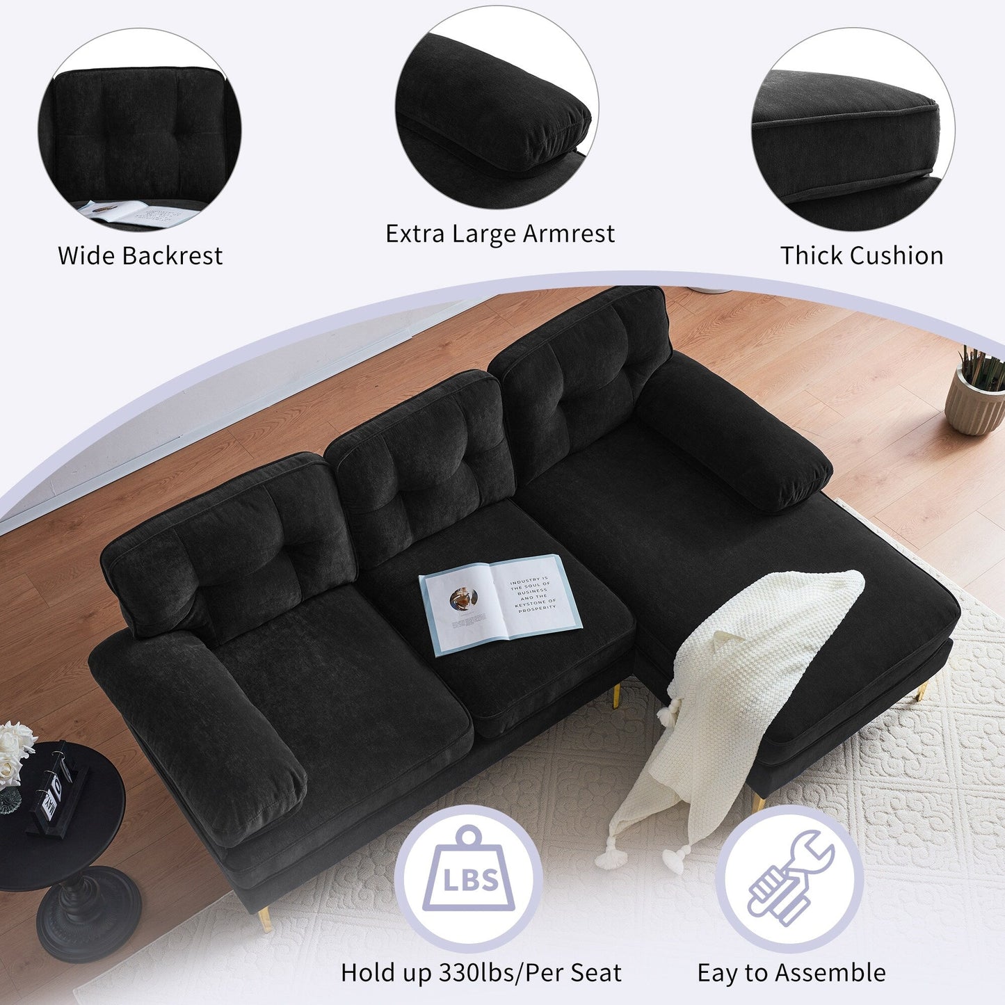 Canapés sectionnels en velours avec accoudoirs coussinés et dossier rembourré, canapés modernes en forme de L avec pieds en métal