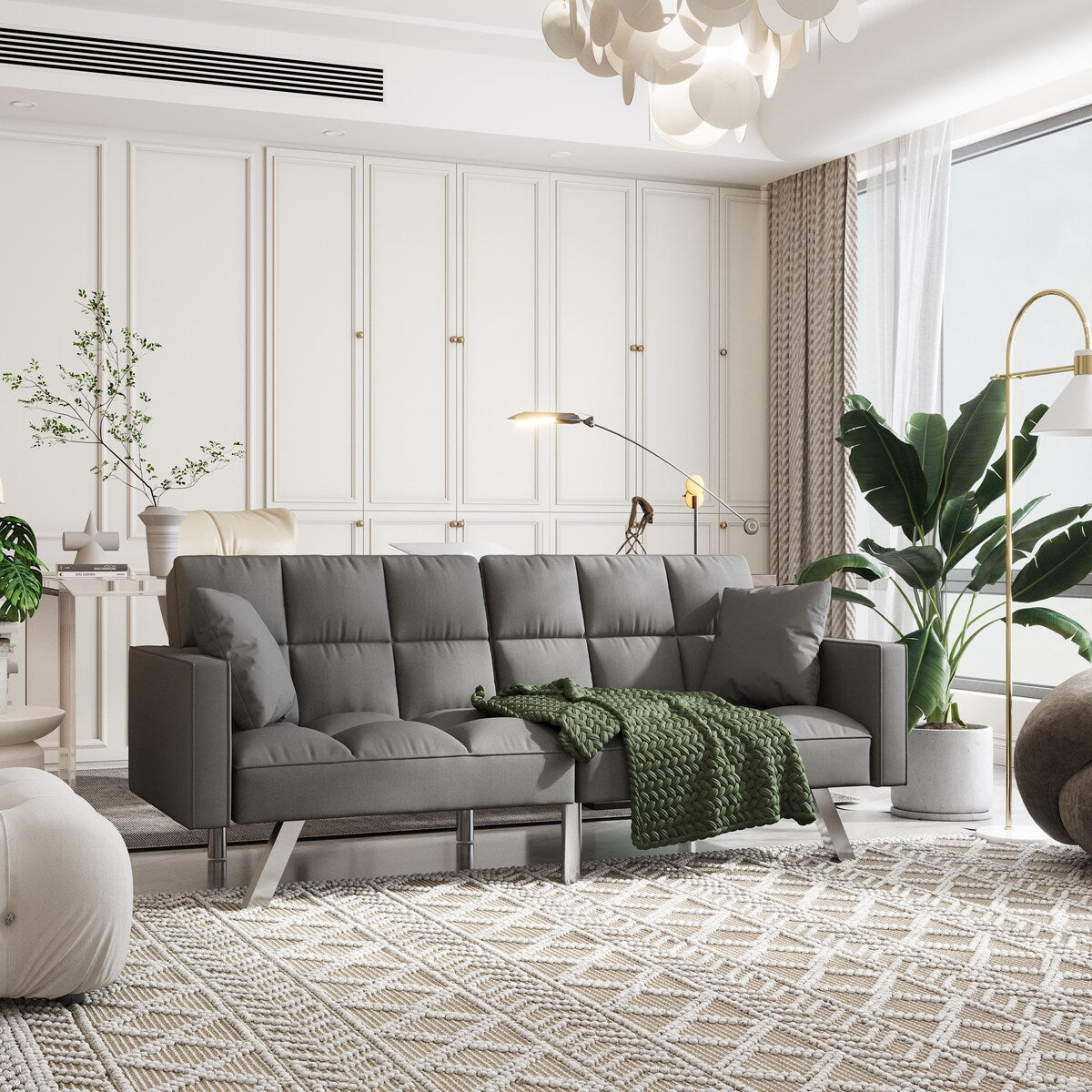 Canapé-lit en velours avec accoudoirs et 2 oreillers