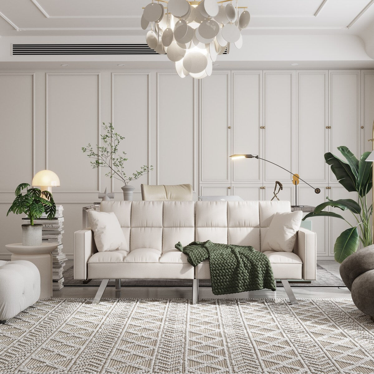 Canapé-lit en velours avec accoudoirs et 2 oreillers