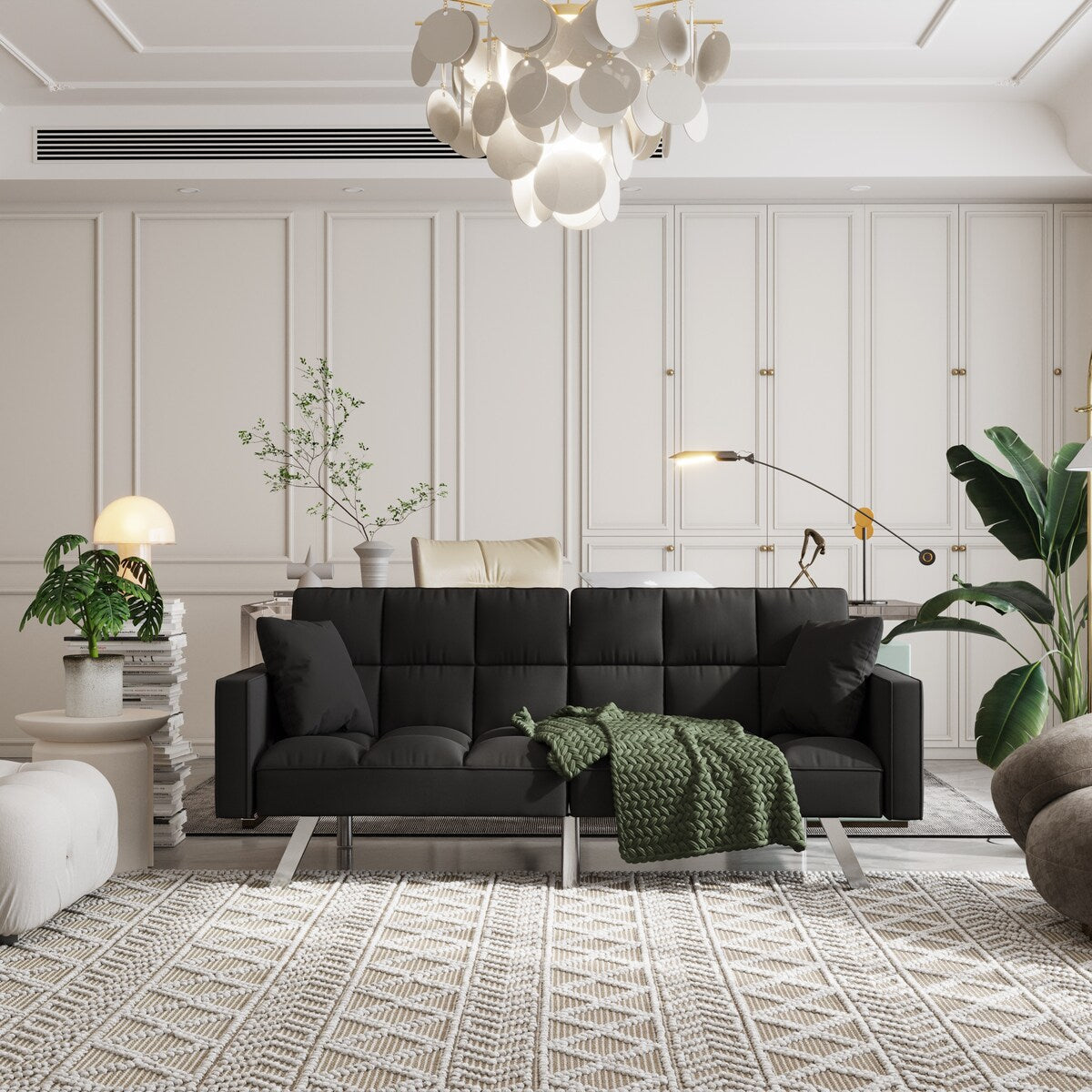 Canapé-lit en velours avec accoudoirs et 2 oreillers