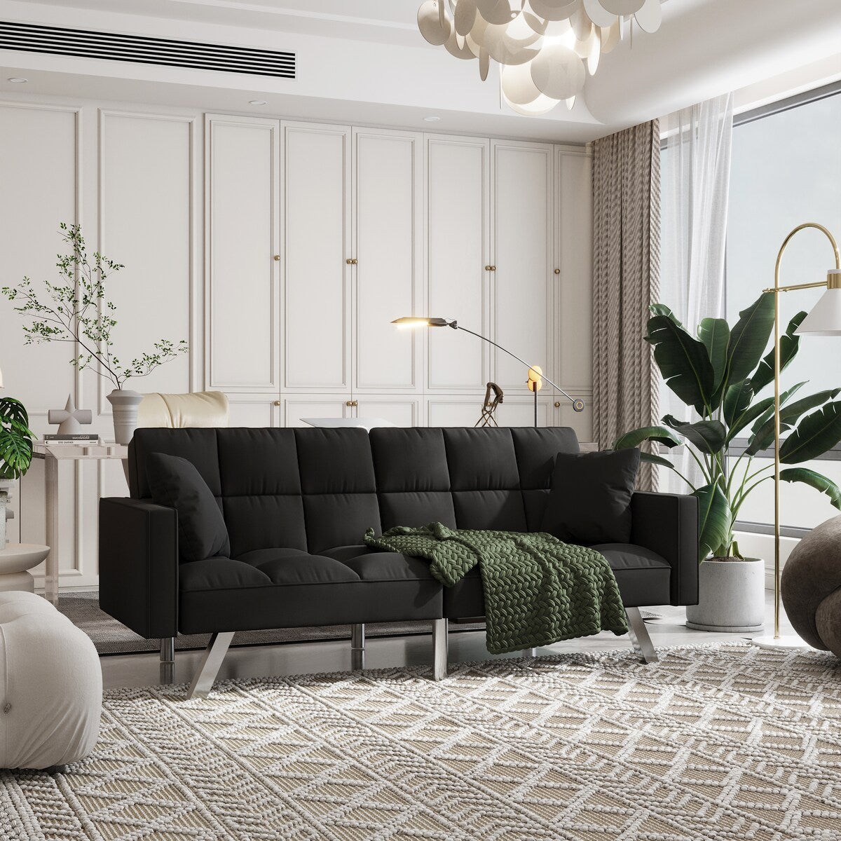 Canapé-lit en velours avec accoudoirs et 2 oreillers