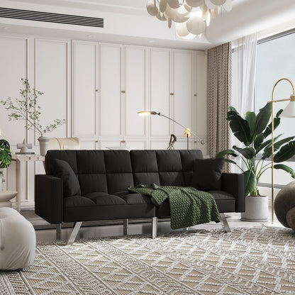 Canapé-lit en velours avec accoudoirs et 2 oreillers