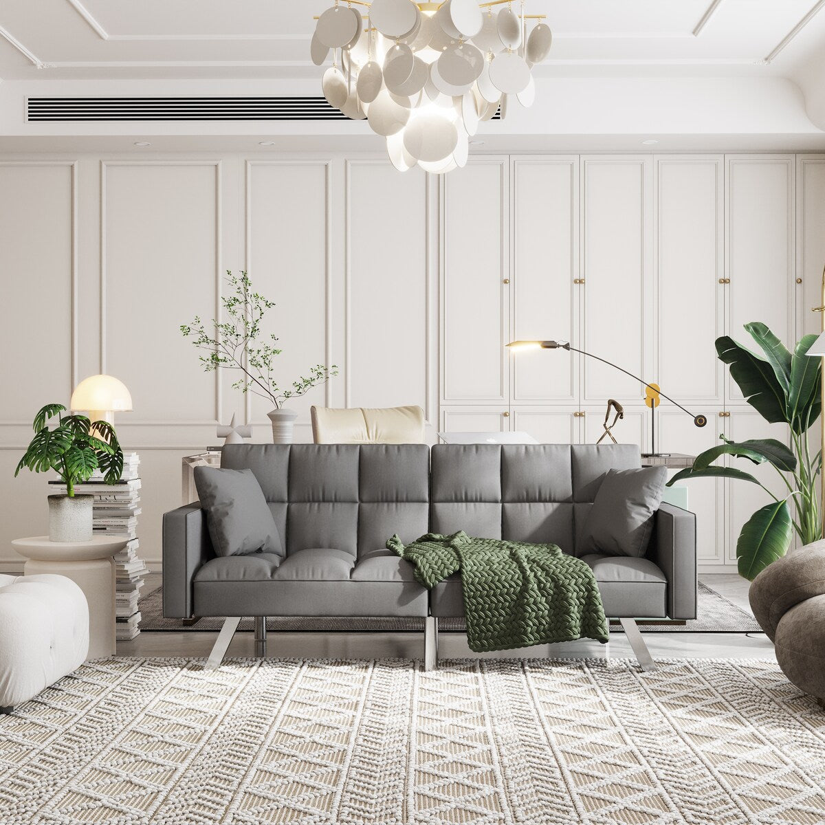 Canapé-lit en velours avec accoudoirs et 2 oreillers