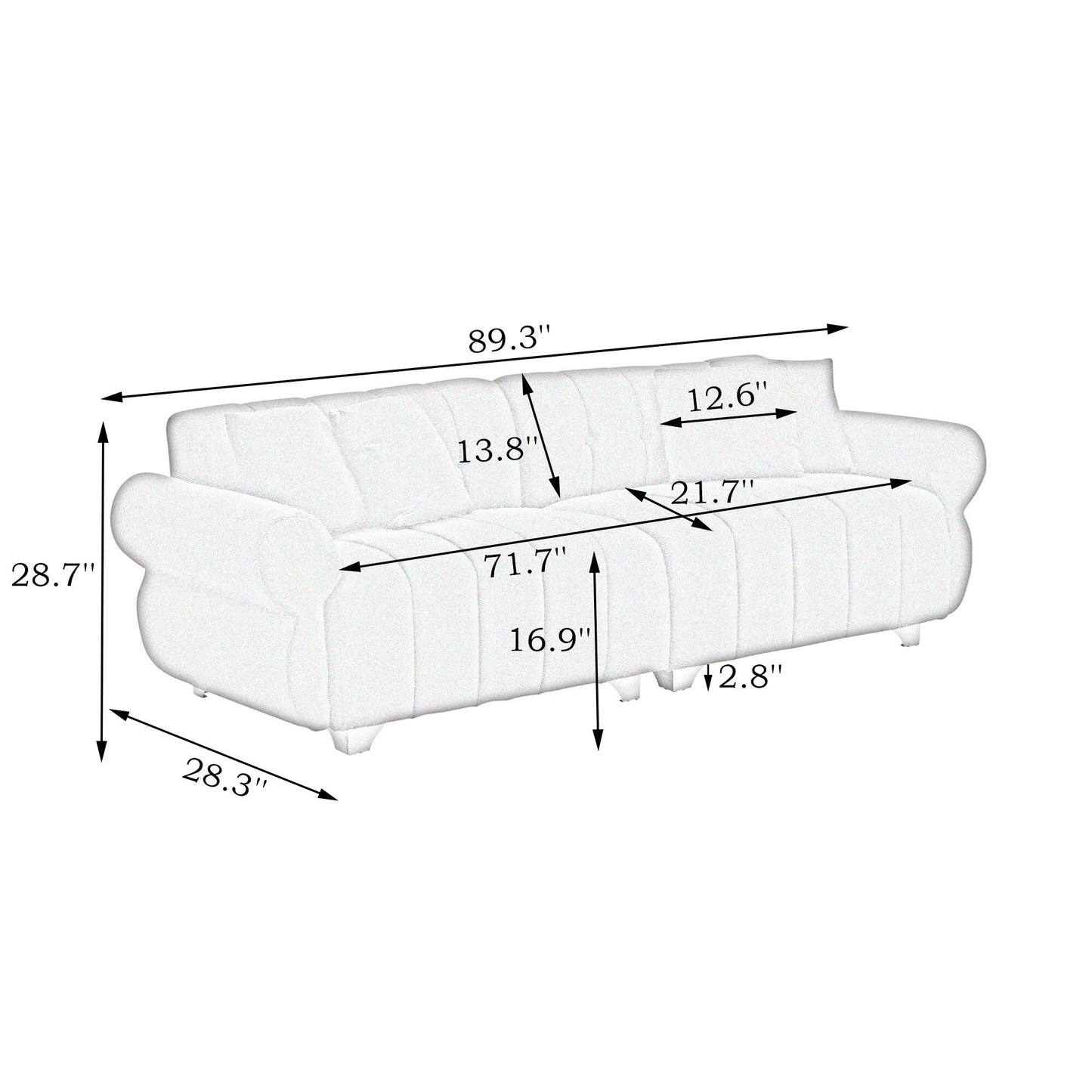 Canapé en velours avec accoudoirs ronds et dossier capitonné, assise profonde avec pieds en métal et 4 coussins décoratifs