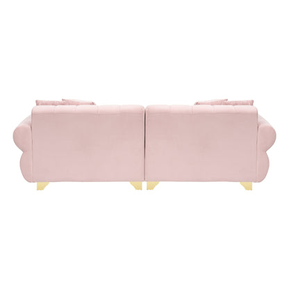 Canapé en velours avec accoudoirs ronds et dossier capitonné, assise profonde avec pieds en métal et 4 coussins décoratifs