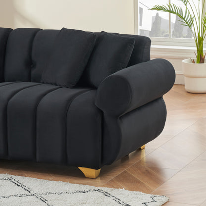 Canapé en velours avec accoudoirs ronds et dossier capitonné, assise profonde avec pieds en métal et 4 coussins décoratifs