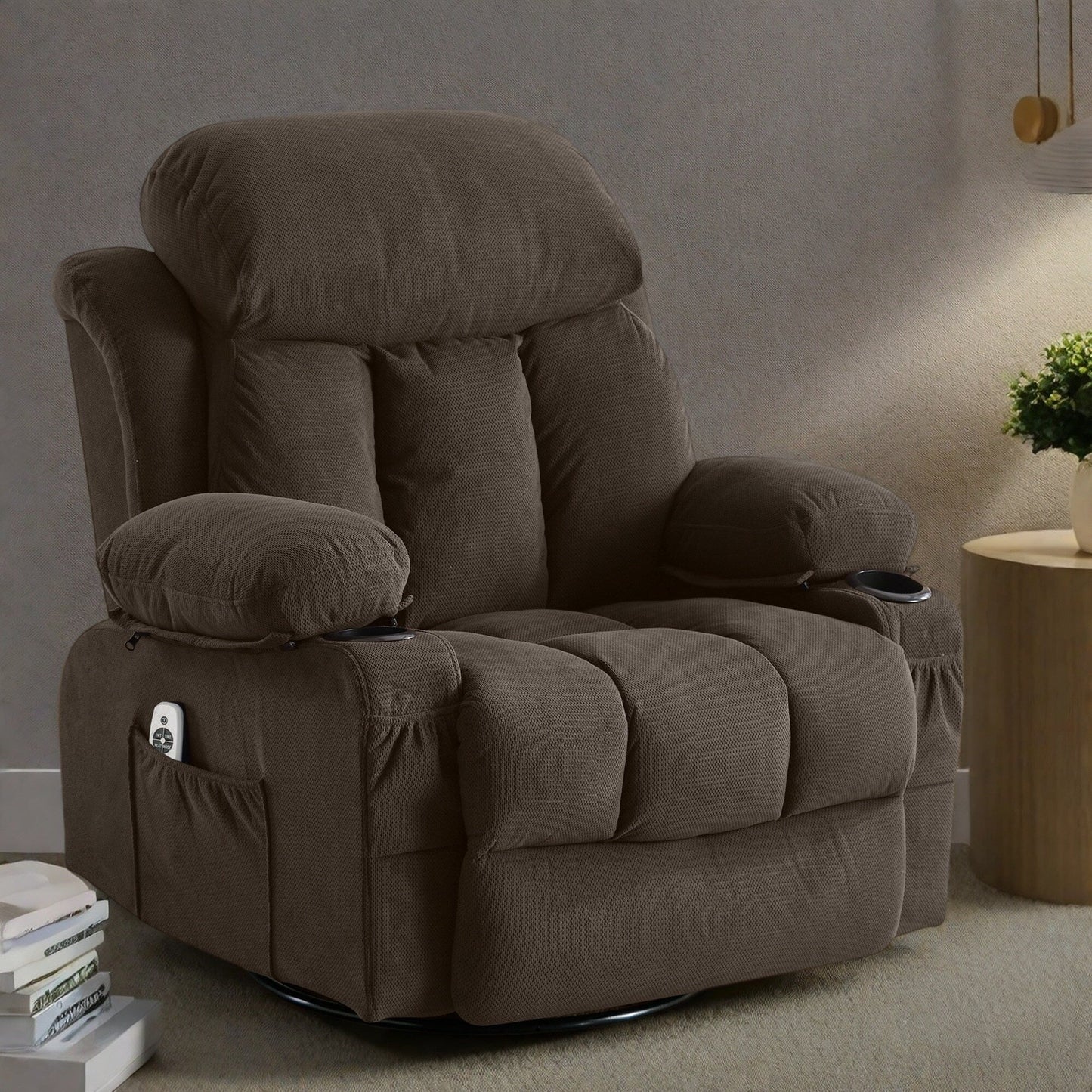Fauteuil inclinable pivotant en velours avec massage et chauffage, rotation à 360°, port de chargement USB, deux porte-gobelets