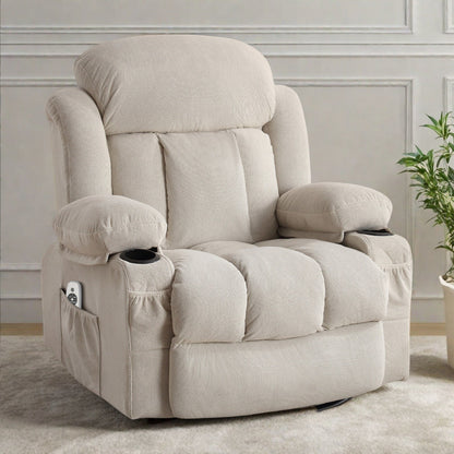 Fauteuil inclinable pivotant en velours avec massage et chauffage, rotation à 360°, port de chargement USB, deux porte-gobelets