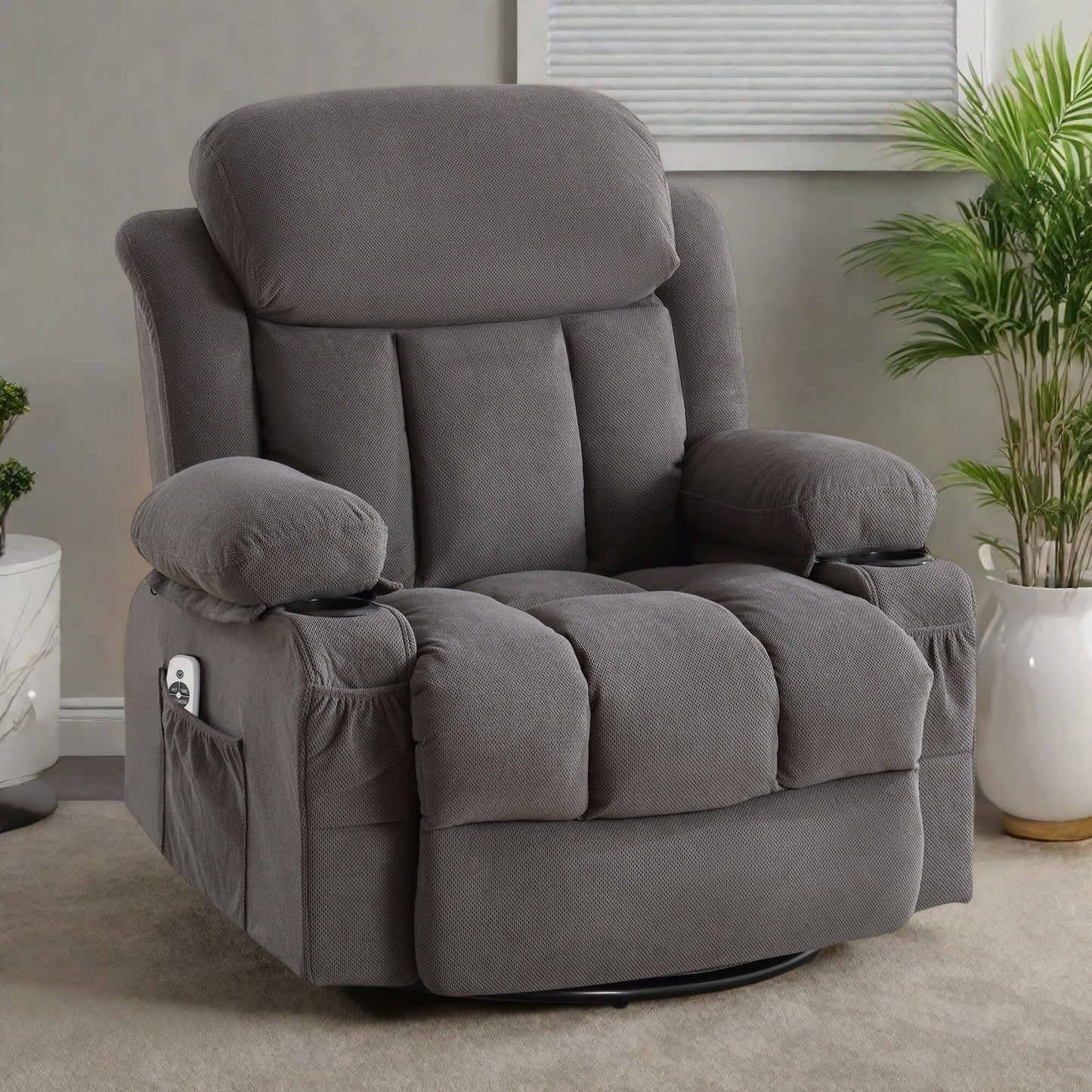 Fauteuil inclinable pivotant en velours avec massage et chauffage, rotation à 360°, port de chargement USB, deux porte-gobelets