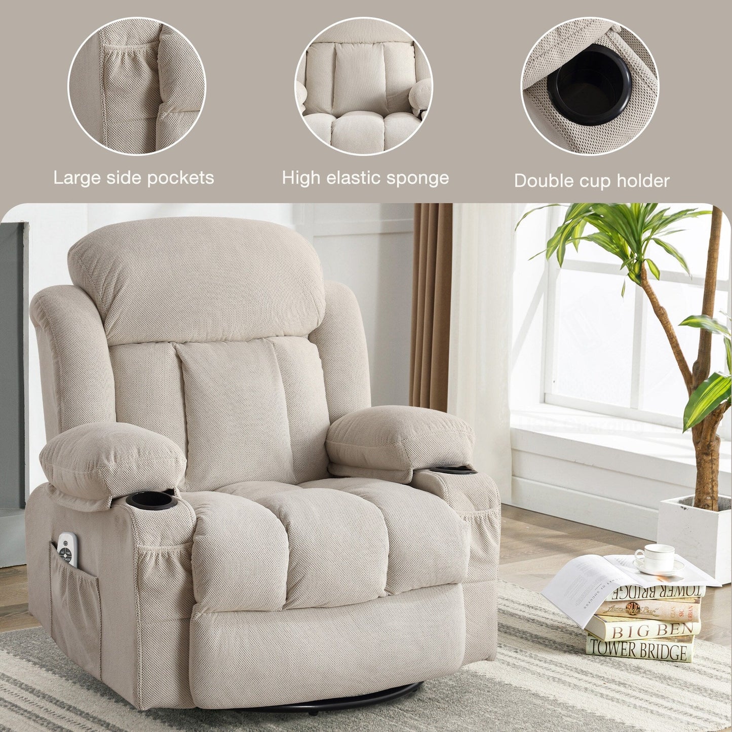 Fauteuil inclinable pivotant en velours avec massage, chauffage et port USB