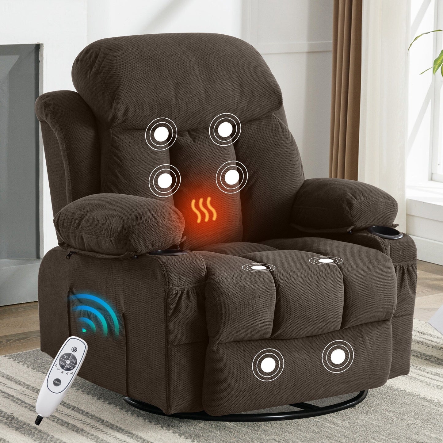 Fauteuil inclinable pivotant en velours avec massage, chauffage et port USB