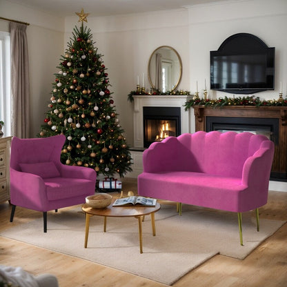 Canapé causeuse en velours touffeté, coussin épais, pieds en métal