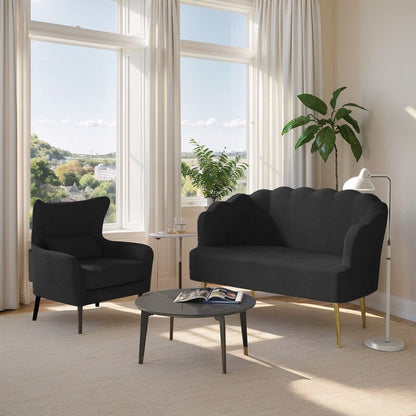 Canapé causeuse en velours touffeté, coussin épais, pieds en métal