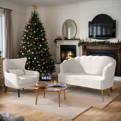 Canapé causeuse en velours touffeté, coussin épais, pieds en métal