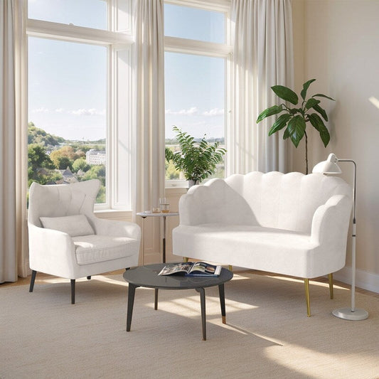 Canapé causeuse en velours touffeté, coussin épais, pieds en métal