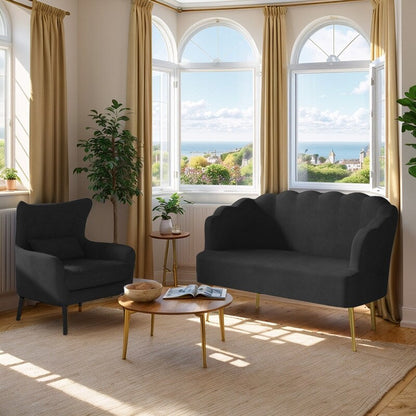 Canapé causeuse en velours touffeté, coussin épais, pieds en métal