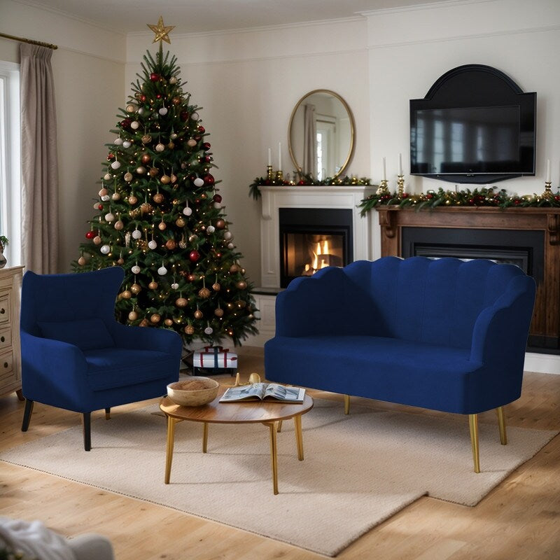 Canapé causeuse en velours touffeté, coussin épais, pieds en métal