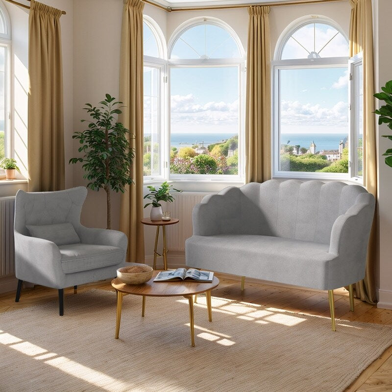 Canapé causeuse en velours touffeté, coussin épais, pieds en métal