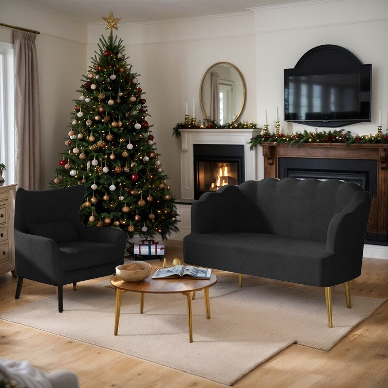 Canapé causeuse en velours touffeté, coussin épais, pieds en métal