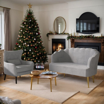 Canapé causeuse en velours touffeté, coussin épais, pieds en métal