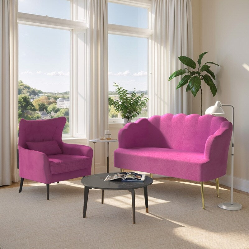 Canapé causeuse en velours touffeté, coussin épais, pieds en métal