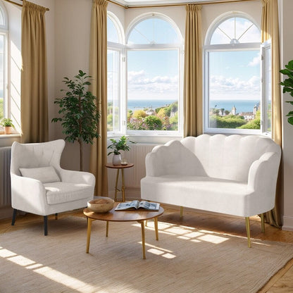 Canapé causeuse en velours touffeté, coussin épais, pieds en métal