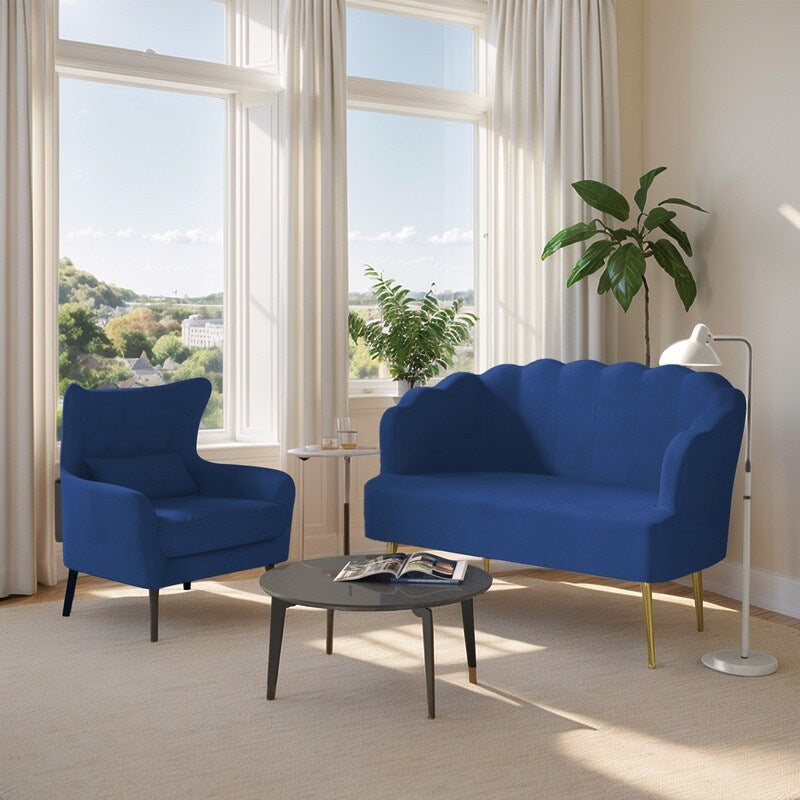 Canapé causeuse en velours touffeté, coussin épais, pieds en métal