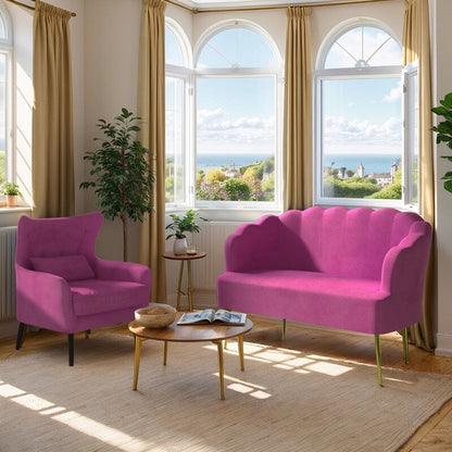 Canapé causeuse en velours touffeté, coussin épais, pieds en métal