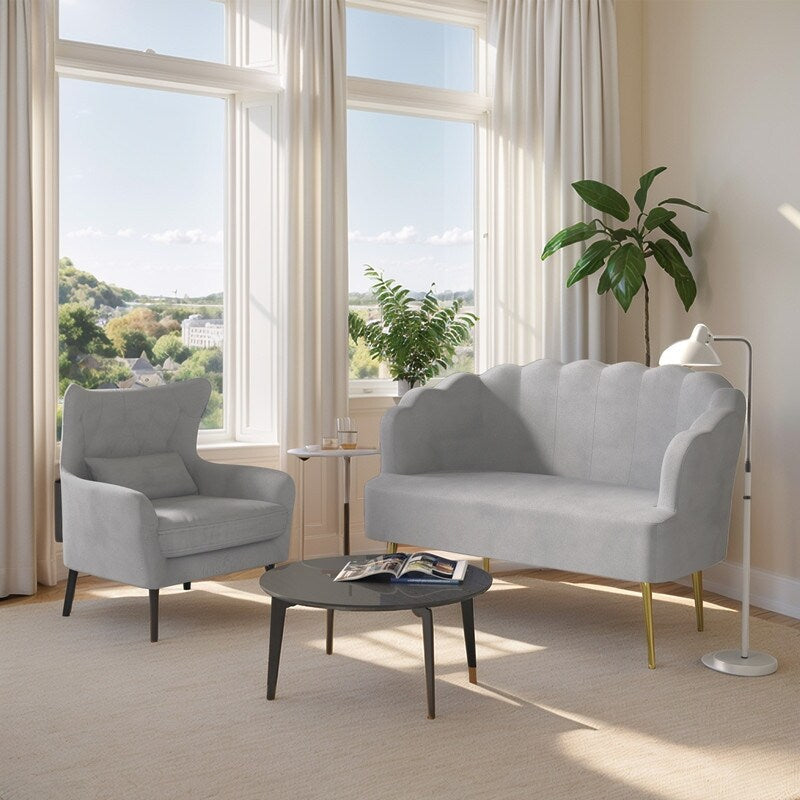 Canapé causeuse en velours touffeté, coussin épais, pieds en métal