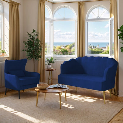 Canapé causeuse en velours touffeté, coussin épais, pieds en métal